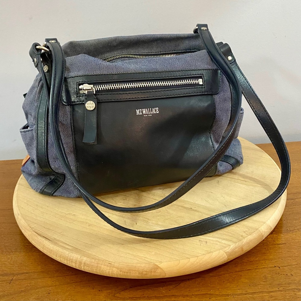 MZ Wallace Blue Denim Black Leather Trim Shoulder Bag Handbag Purse Tote Pocket